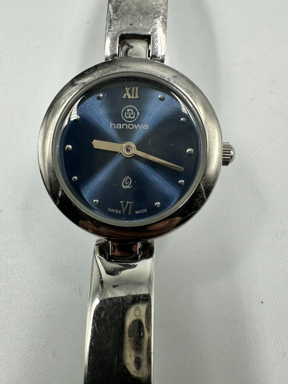 Hanowa Watch Women Silver Tone Blue Dial Bangle Band New Battery 6 Inch